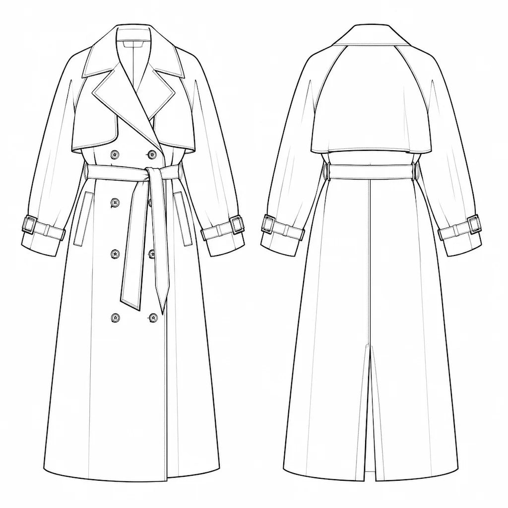 The Clara Oversized Trench Coat Technical Flat Sketch Front and Back