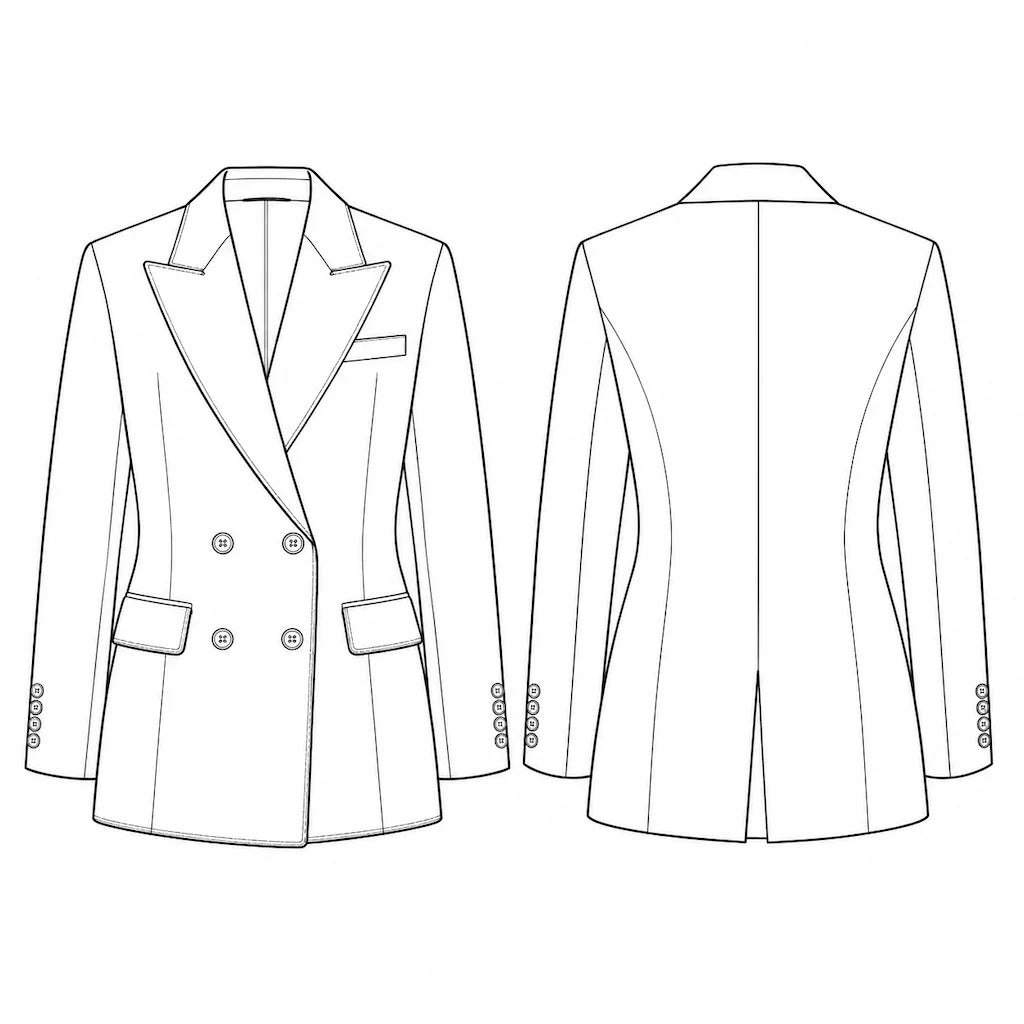 The Soren Relaxed Double-Breasted Blazer Technical Flat Sketch Front and Back