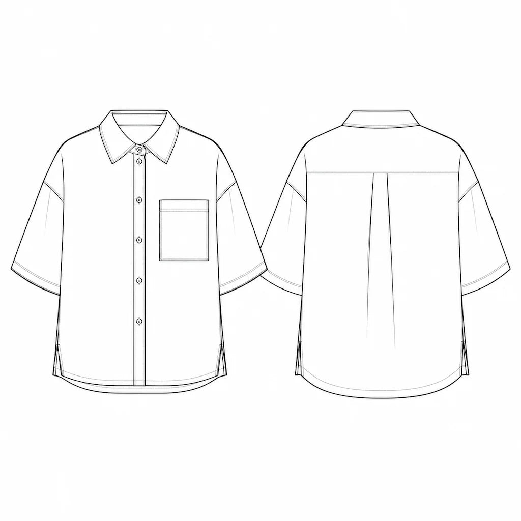 The Aveline Boxy Linen Shirt Technical Flat Sketch Front and Back