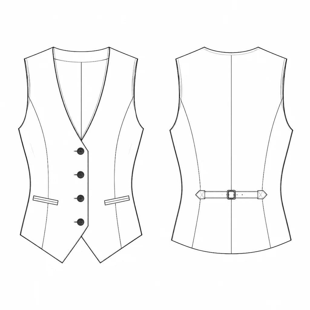 The Margot Minimalist Tailored Vest Technical Flat Sketch Front and Back