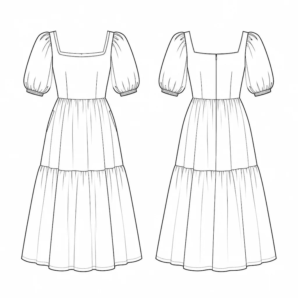 The Juliette Square-Neck Midi Dress Technical Flat Sketch Front and Back
