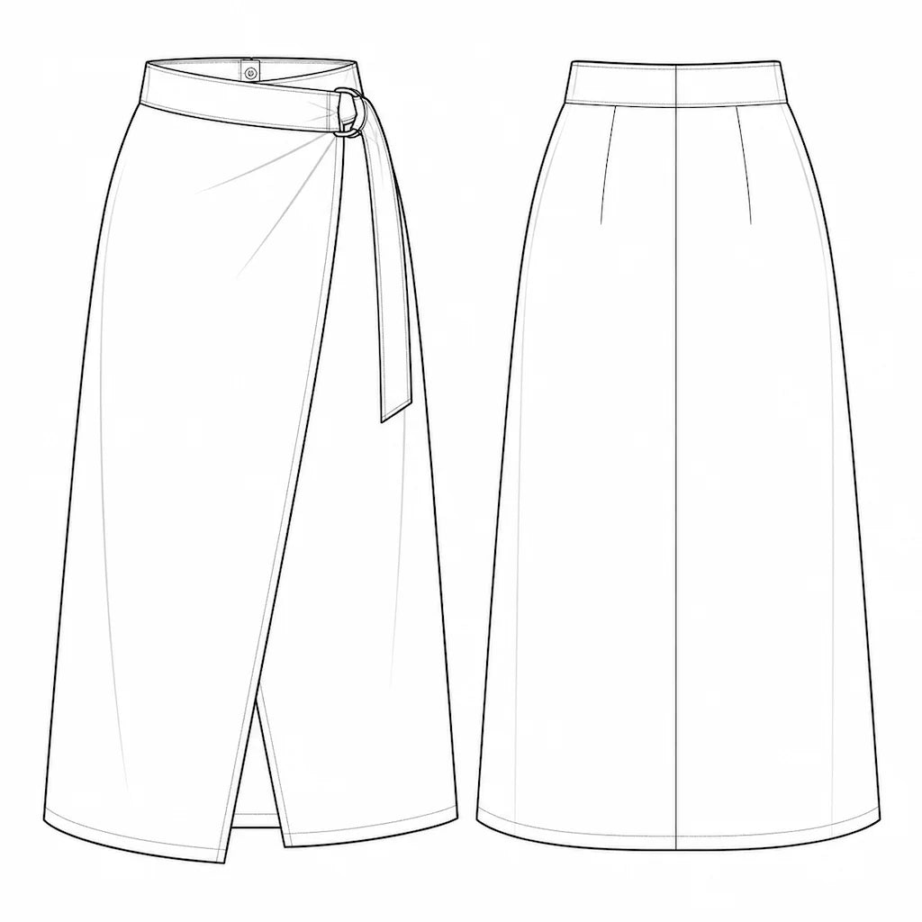 The Nora Asymmetrical Wrap Midi Skirt Technical Flat Sketch Front and Back